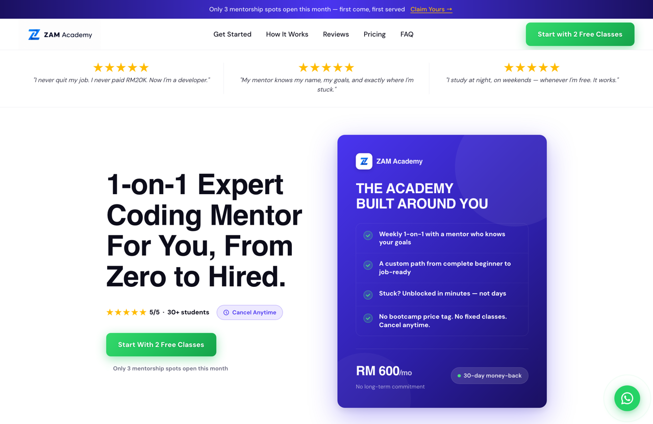 ZAM Academy coding mentorship website designed and built by GoWebRise